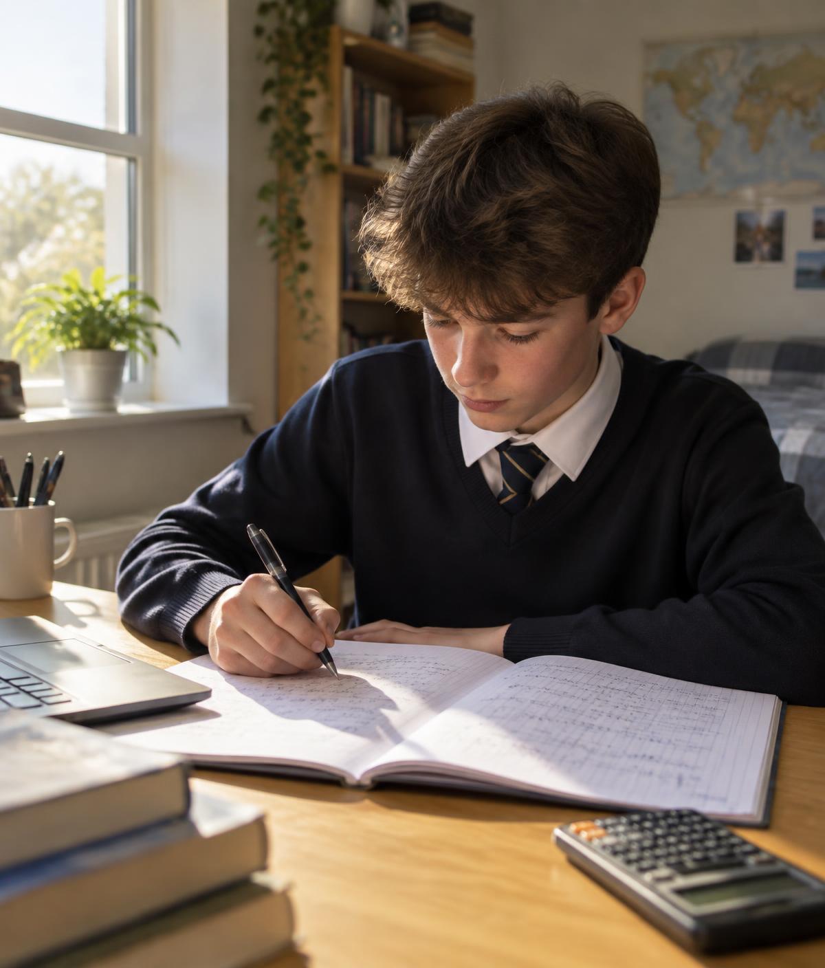 A secondary school student working through maths exercises at a desk at home